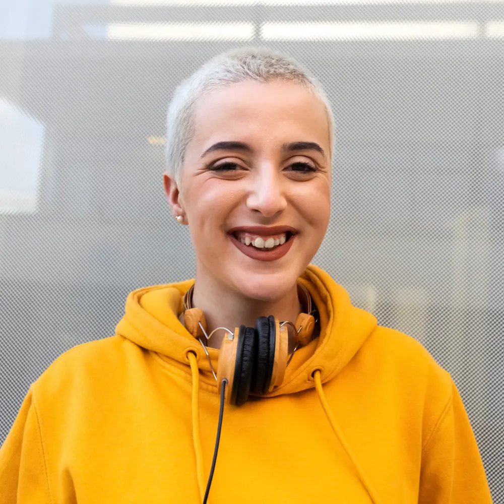 Buzz cut with headphones